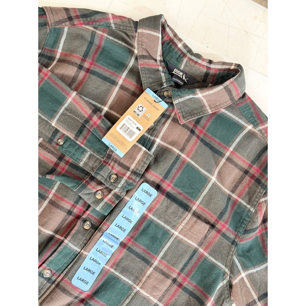 NWT $80 Eddie Bauer Flannel‎ Shirt Mens L Green Brown Plaid Outdoor Fall